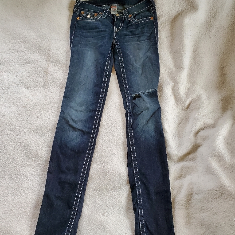 True Religion Low Rise Distressed Skinny Jeans, Sz 28